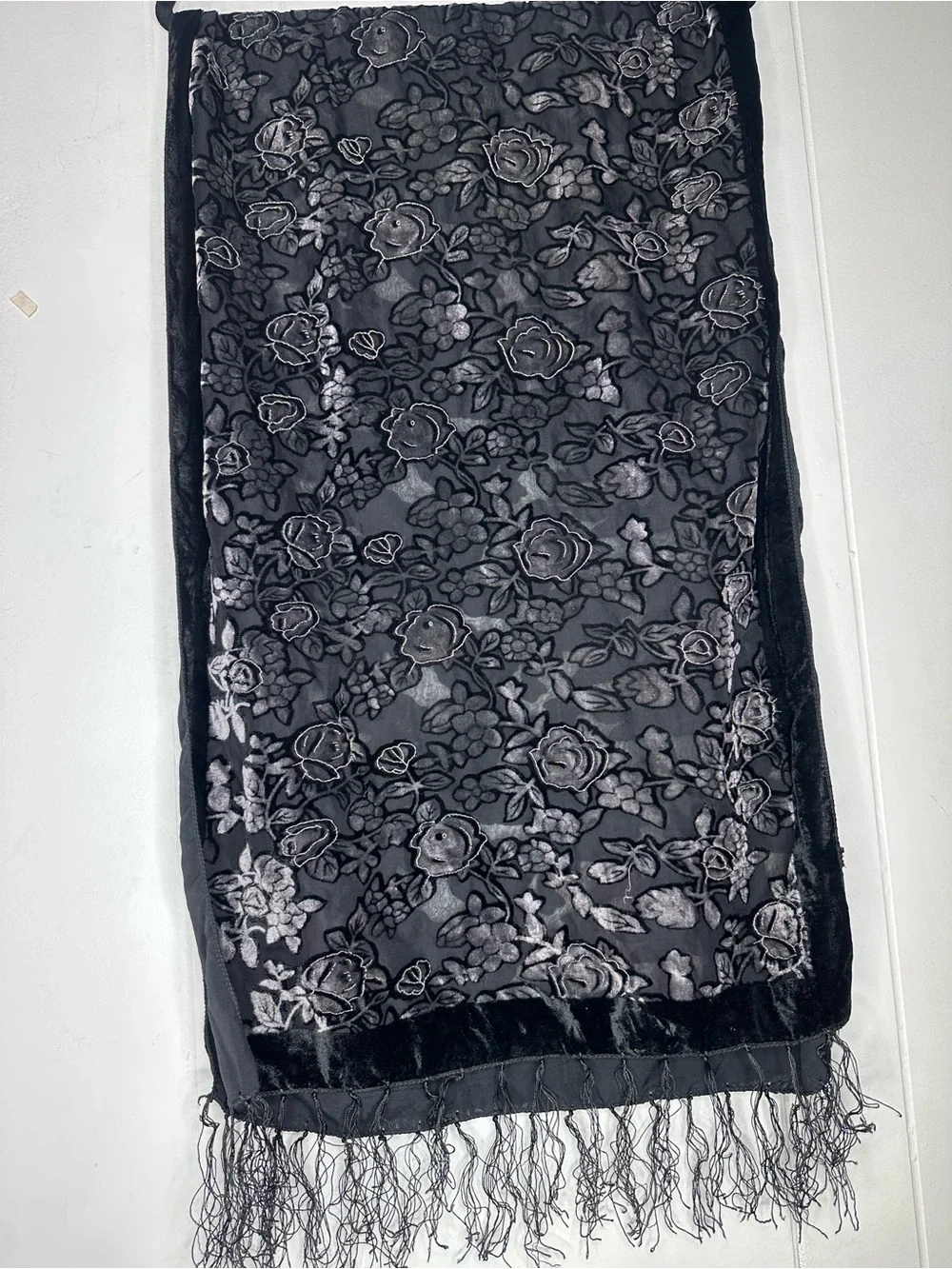 Vintage 90s Black Velvet Floral Burnout Shawl Scarf